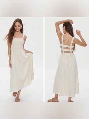Kendall & Kylie Cream Smocked Midi Dress with Strappy Open Back